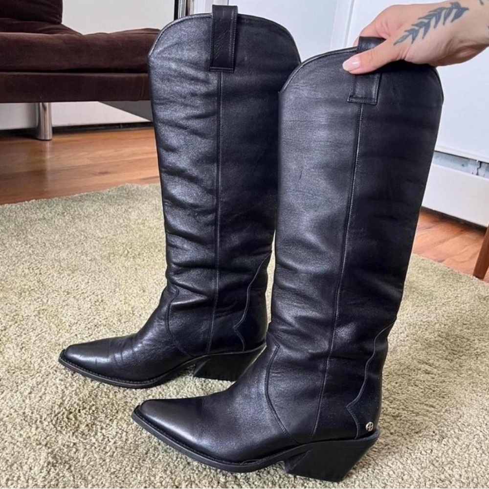Anine Bing Tania Cowboy Elegant Black Leather Knee-High Boots 7